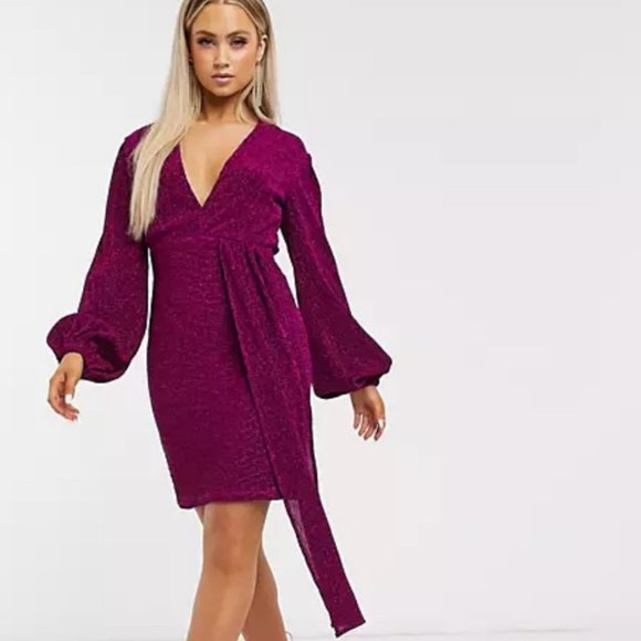 Club London Glitter Plunge Neck Drape Mini Dress Metallic Purple ASOS Bodycon - Picture 1 of 14